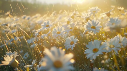 In a sun-drenched field, a cluster of daisies basks in the warmth of the afternoon sun. - obrazy, fototapety, plakaty