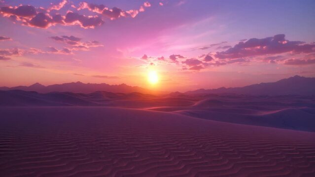 Sunset over desert dunes with mountain silhouette background.