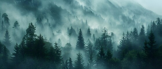 Misty Mountainside Forest:A Serene and Ethereal Landscape - obrazy, fototapety, plakaty