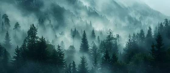 Fotobehang Misty Mountainside Forest:A Serene and Ethereal Landscape © Meta