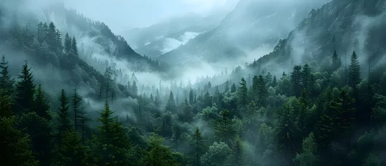 Fotobehang Ethereal Mountainside Forest Shrouded in Misty Serenity - A Contemplative Landscape of Natural Majesty and Isolation © Meta
