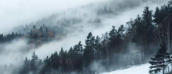 Misty Forest Landscape on a Gentle Slope,Blending into a Dreamlike Haze of Tranquility and Natural Splendor