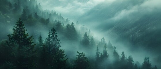 The mesmerizing misty forest landscape with a pure atmosphere is perfect for meditation.