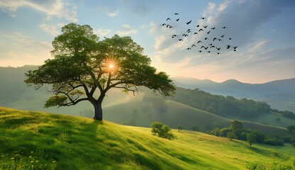 The clear blue morning sky and the flock of birds flying toward the sun, the mountains and forests hidden by the gentle fog, the green grass hills and the old tree, background wallpaper. generative AI