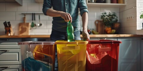 Man placing used plastic bottle into recycling bin in kitchen. Household member sorting rubbish in kitchen. Assorted bins with vibrant trash bags. - obrazy, fototapety, plakaty