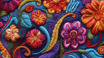 Poster colorful floral pattern background made with embroidery © Helfin