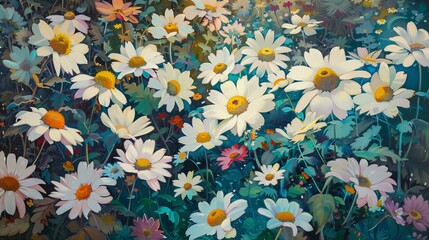 In the heart of a lush garden, a profusion of daisies blooms in riotous splendor. - obrazy, fototapety, plakaty
