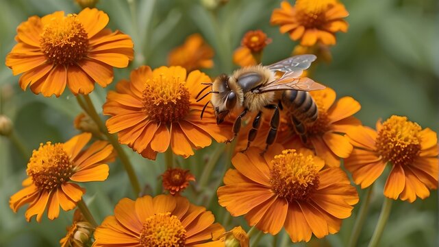 honey bee on blossom, large An apis mellifera bee in close-up on helenium flowers A garden teeming with butterflies and bees buzzing, A honey bee gathering pollen from a yellow bloom in a wild, 