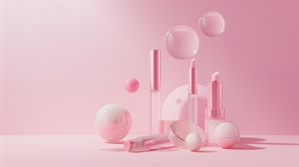 In this ethereal scene, a set of makeup cosmetics and accessories floats weightlessly against a dreamy pink backdrop, evoking a sense of magic and elegance.
