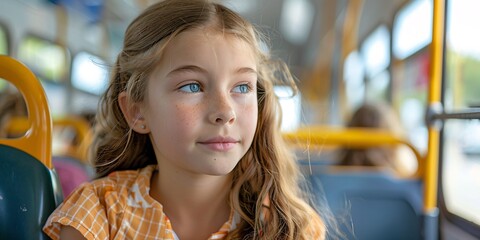 Thoughtful young girl gazing out of a bus window.
