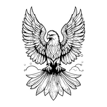 Line art of eagle with intricate wing details.