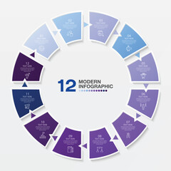 Blue tone circle infographic with 12 steps, process or options.