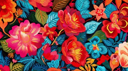 Poster colorful floral batik pattern background made with embroidery © Helfin