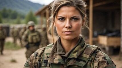 Portrait of german female military soldier in camouflage uniform training on the battle base camp training ground, serious looking at camera from Generative AI