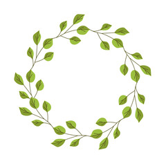 Vector wreath of leaves with branches. Decorative frame. Template for a postcard. Green circle of leaves. Frame for the inscription.