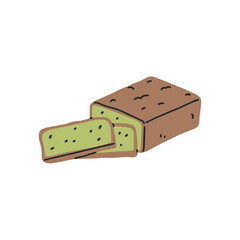 Homemade vegan bread. Sliced whole grain loaf. Fresh baked organic food of green dough. Natural source of carbohydrate, gluten free crust. Flat isolated vector illustration on white background