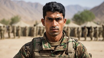 Portrait of pakistan male military soldier in camouflage uniform training on the battle base camp training ground, serious looking at camera from Generative AI - obrazy, fototapety, plakaty