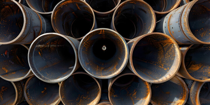 Old pipes for gasification are laid in a row scrap metal disposal, Rough metallic surface texture, 

