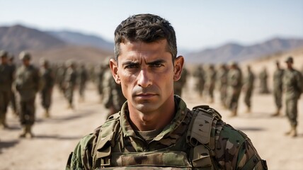 Portrait of spain male military soldier in camouflage uniform training on the battle base camp training ground, serious looking at camera from Generative AI - obrazy, fototapety, plakaty