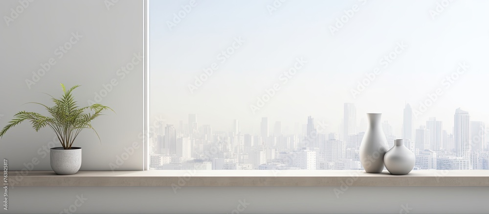Poster there are two vases sitting on a shelf in front of a window in a well-lit room