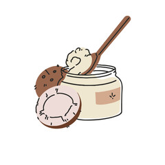 Coconut butter in glass jar with spoon. Superfood, healthy food. Natural coco oil. Organic vegan beauty product. Half of broken tropical fruit. Flat isolated vector illustration on white background