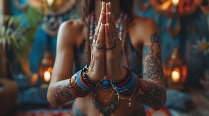 Female hands in a gesture of reverence and appreciation, portraying the practice of Mudra in the realm of Yoga. - obrazy, fototapety, plakaty