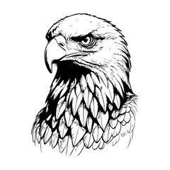 Line drawing of eagle head with fine details.
