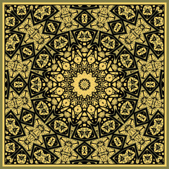 Seamless kaleidoscopic mandala pattern geometrical black yellow background