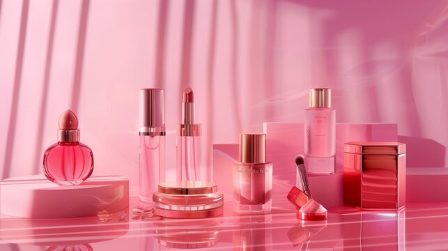 Step into a world of opulence with this mesmerizing image featuring a curated selection of makeup cosmetics and accessories set against a soft pink backdrop.
