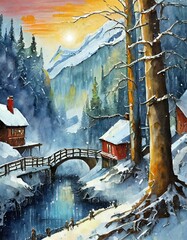 winter landscape with houses and trees