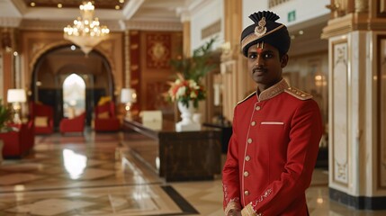 A youthful Indian bellhop assisting guests in a high-end hotel lobby.