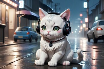 Lofi Cat with headphones is listening to music while sitting on a street in rainy weather