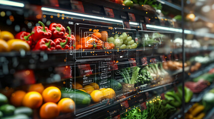Fototapeta na wymiar Smart Produce Aisle with Digital Price Displays in a Futuristic Supermarket 