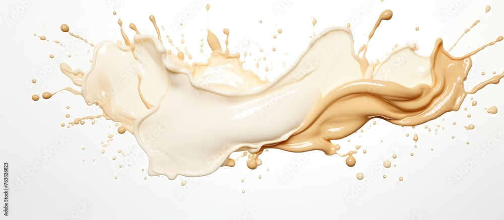 Poster a graceful gesture of white and brown liquid splashed on a white canvas, resembling an artistic tree