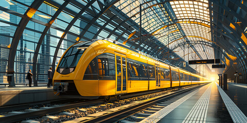 Highspeed train approaching train interior platform, View on wagon of the high speed train with yellow door closed in the rail station, 

