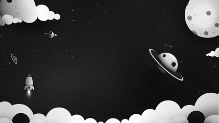 A playful black and white illustration of a space scene with planets, a rocket, and whimsical clouds, perfect for a child's imagination