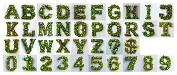 set of alphabet made of green moss and yellow flowers isolated on white