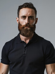 Fototapeta premium Portrait of a bearded man with a focused expression against a grey background, evoking confidence and style