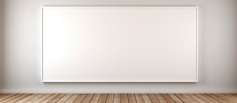 An empty white picture frame hangs on the wall of a room with wooden flooring