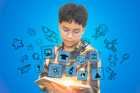 education and school concept - student child's reading a book.