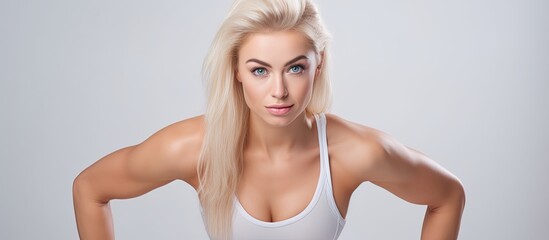 Fototapeta premium A woman with blue eyes and blond hair wearing a white tank top is striking a pose for a picture