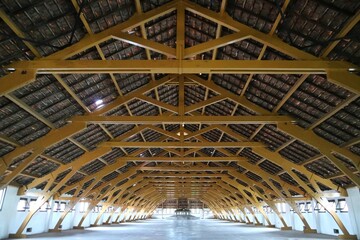 Wooden roof ceiling design at Historical building of Lawang Sewu, Old station in Semarang, Central Java. Construction of a wooden in interior decoration.