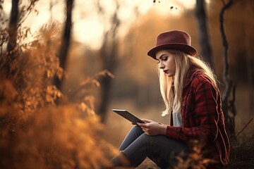 shot of a young woman using her digital tablet while enjoying the outdoors