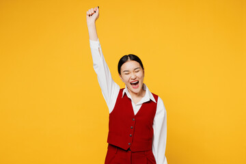 Young happy corporate lawyer employee business woman of Asian ethnicity wear formal red vest shirt...