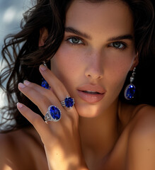 Photograph of an elegant woman wearing sapphire rings and earrings, showing blue oval gemstones on her fingers and ears
