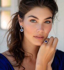 Photograph of an elegant woman wearing sapphire rings and earrings, showing blue oval gemstones on her fingers and ears