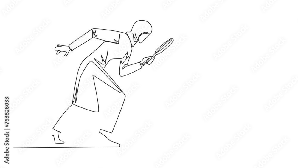 Poster animation of one line drawing of single continuous line drawing arabian businesswoman holds magnifyi