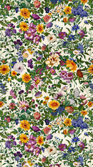 English Garden Tapestry. This vertical image presents a rich tapestry of an English garden, adorned with classic flowers like roses, lavender, and daisies against a light, inviting backdrop.