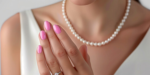 Beautiful woman with pink manicure, beautiful lips and pearl necklace on white background