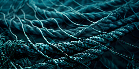 A green fishing net is wrapped in a blue cloth. 3d render abstract background with cables with carbon braid texture.
